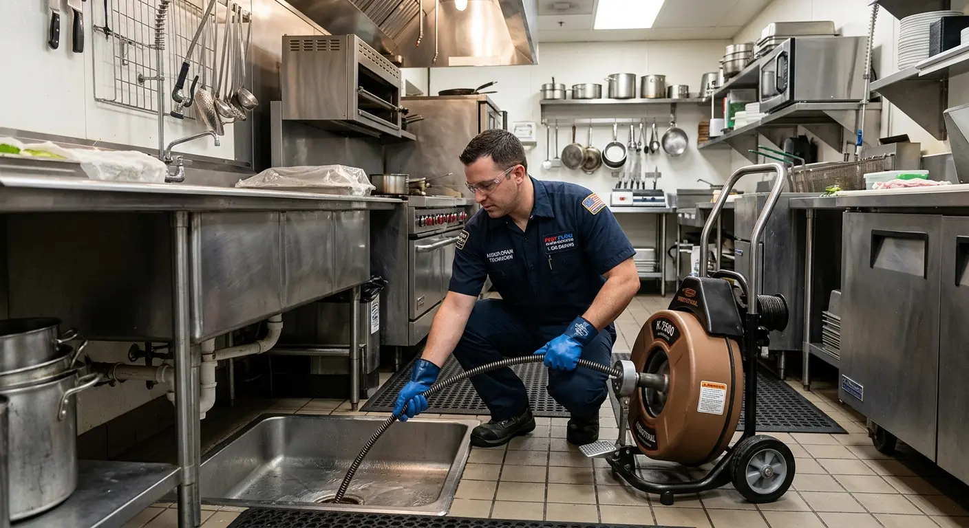 Commercial drain cleaning service in a restaurant kitchen in Rapho