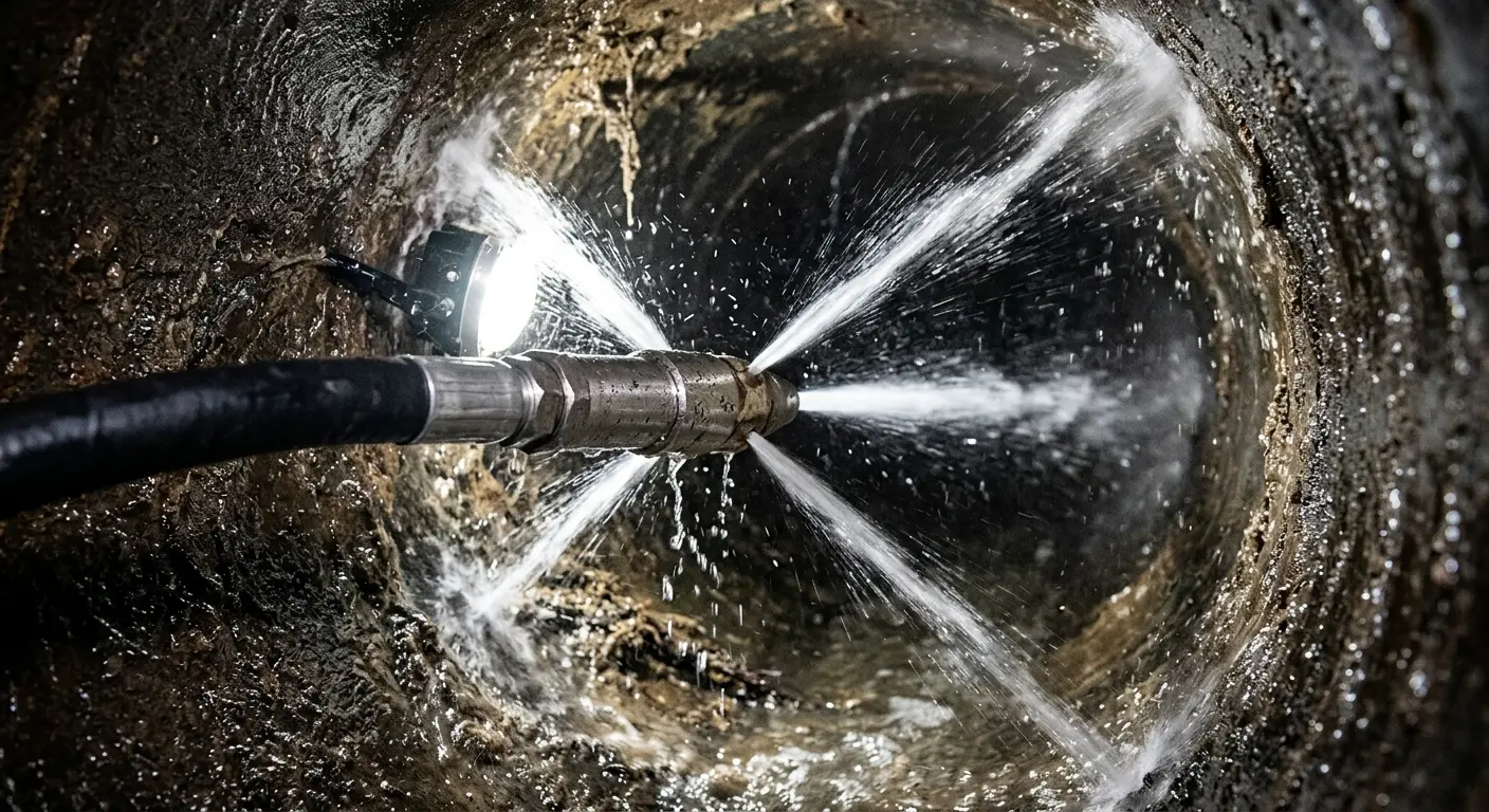 High-pressure hydro jetting nozzle cleaning sewer pipe for Trenchless Sewer Repair in Rapho