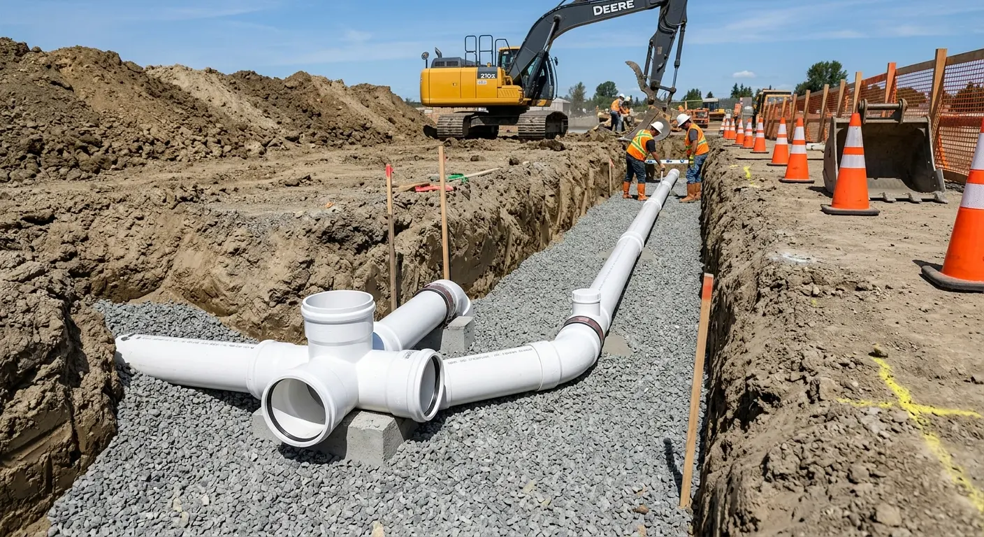 New PVC sewer pipe installation in open trench for Sewer Backup in Rapho